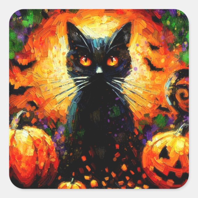 Pegatina Cuadrada Feliz Halloween Black Cat Bats Pumpkins (Anverso)