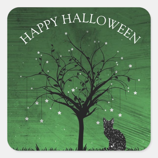 Pegatina Cuadrada Feliz Halloween Black Cat Twinkling Star Tree (Anverso)