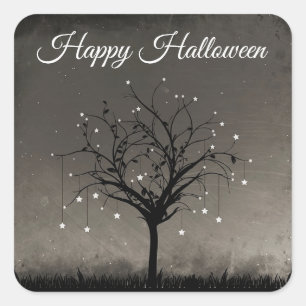 Pegatina Cuadrada Feliz Halloween Black Twinkling Star Tree
