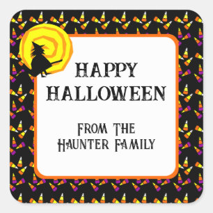 Pegatina Cuadrada Feliz Halloween Bruja Bonita Patrón de Caramelo de