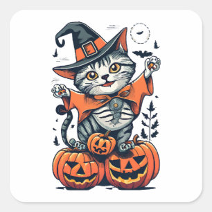 Pegatina Cuadrada Feliz Halloween Bruja Gato