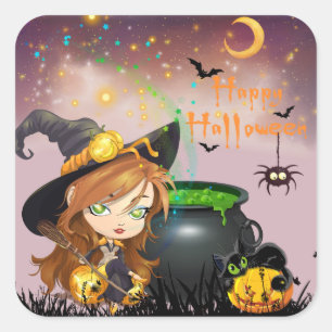 Pegatina Cuadrada Feliz Halloween Brujas y Calabazas