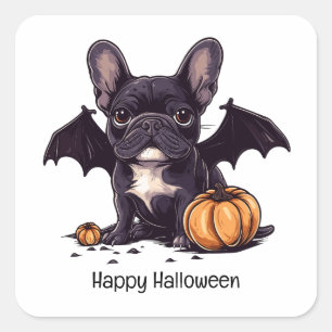 Pegatina Cuadrada Feliz Halloween Bulldog francés Bat Wings
