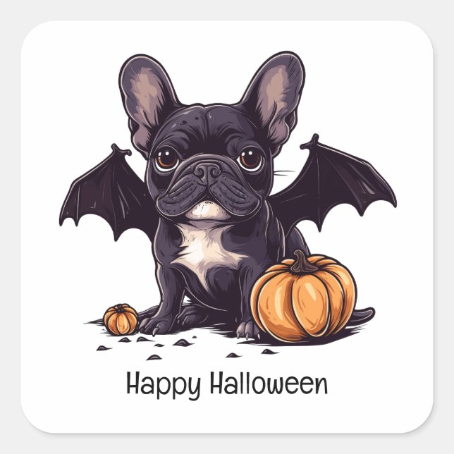 Pegatina Cuadrada Feliz Halloween Bulldog francés Bat Wings (Anverso)