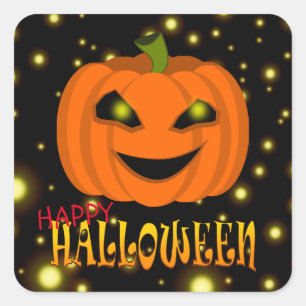 Pegatina Cuadrada Feliz Halloween Calabaza Con Destellos