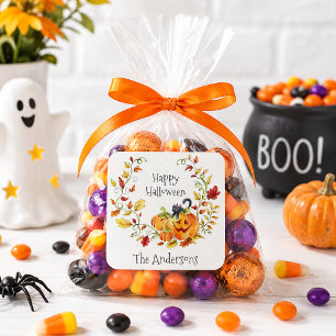 Pegatina Cuadrada Feliz Halloween Calabaza Gato Negro Niños Caramelo