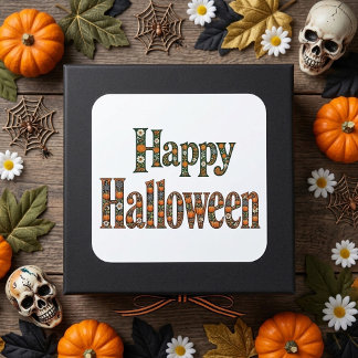 Pegatina Cuadrada Feliz Halloween Calabazas Ornamentadas Florales Bo
