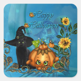 Pegatina Cuadrada Feliz Halloween con gato gracioso