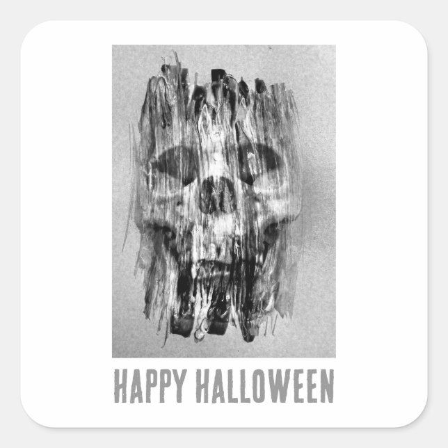 Pegatina Cuadrada Feliz Halloween. Cráneo angustiado (Anverso)