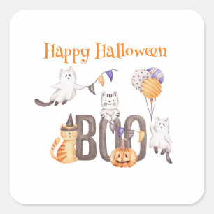 Pegatina Cuadrada Feliz Halloween   CUTE KITTENS & BOO