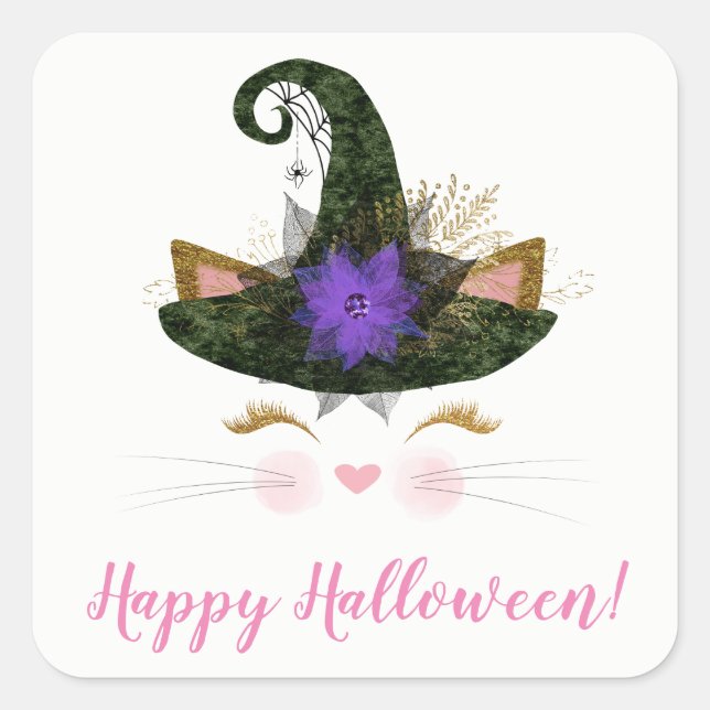 Pegatina Cuadrada Feliz Halloween Cute Kitty Witch Seol (Anverso)