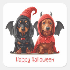 Pegatina Cuadrada Feliz Halloween Dachshund Perros Devil Bat