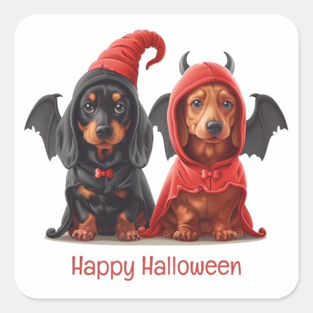 Pegatina Cuadrada Feliz Halloween Dachshund Perros Devil Bat (Anverso)