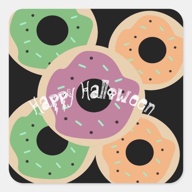 Pegatina Cuadrada Feliz Halloween Donuts Lindos Favor de Fiesta (Anverso)