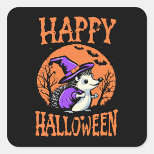 Pegatina Cuadrada Feliz Halloween Erizo Bruja