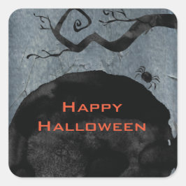 Pegatina Cuadrada Feliz Halloween espeluznante araña negra