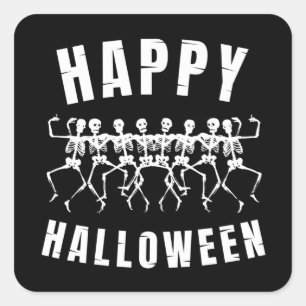 PEGATINA CUADRADA FELIZ HALLOWEEN ESQUELETOS BAILANDO
