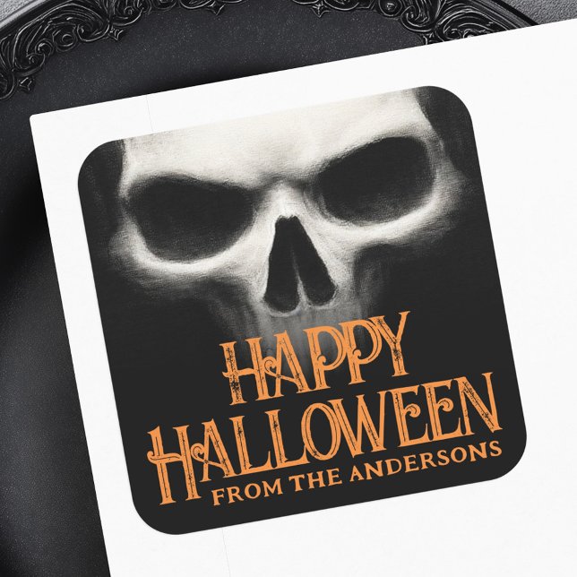 Pegatina Cuadrada Feliz Halloween fantasma espeluznante calavera neg (Happy Halloween creepy ghost skull black orange Square Sticker)