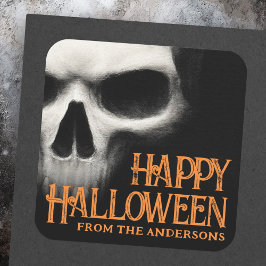 Pegatina Cuadrada Feliz Halloween fantasma espeluznante cráneo negro