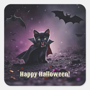 Pegatina Cuadrada Feliz Halloween Gato Negro Vampiro Lindo