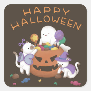 Pegatina Cuadrada Feliz Halloween: gatos y fantasma
