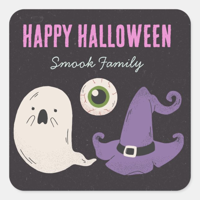 Pegatina Cuadrada Feliz Halloween GHOST (Anverso)