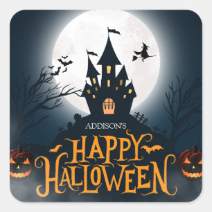 Pegatina Cuadrada Feliz Halloween Ilustrativo de Negro y Naranja