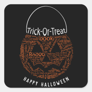 Pegatina Cuadrada Feliz Halloween Jack O Lantern Word Art Naranja