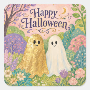 Pegatina Cuadrada Feliz Halloween Jardín de Flores Fantasma Lindo