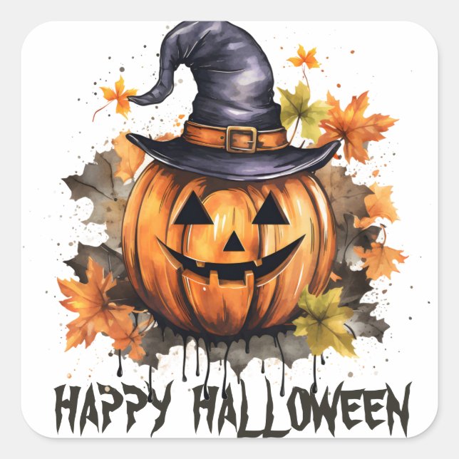 Pegatina Cuadrada Feliz Halloween Maldad Grinning Pumpkin Art (Anverso)
