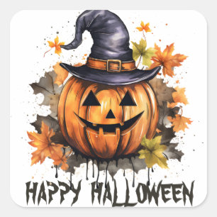 Pegatina Cuadrada Feliz Halloween Maldad Grinning Pumpkin Art