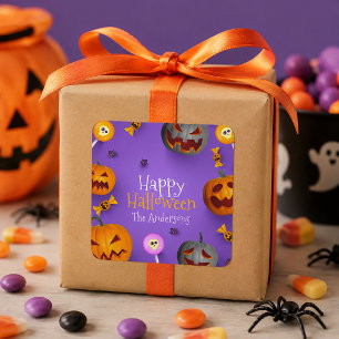 Pegatina Cuadrada Feliz Halloween Niños Favor Calabazas Moradas Dulc
