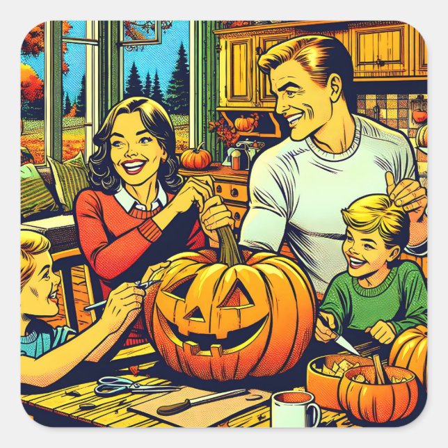 Pegatina Cuadrada Feliz Halloween Nostalgic Family Carving Pumpkins (Anverso)