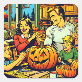 Pegatina Cuadrada Feliz Halloween Nostalgic Family Carving Pumpkins
