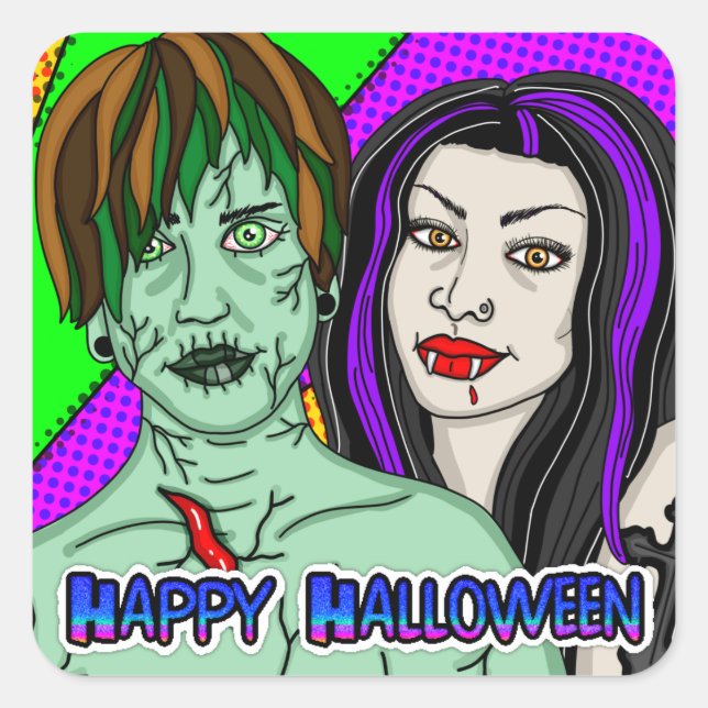 Pegatina Cuadrada Feliz Halloween | Pop Art zombie Vampire (Anverso)