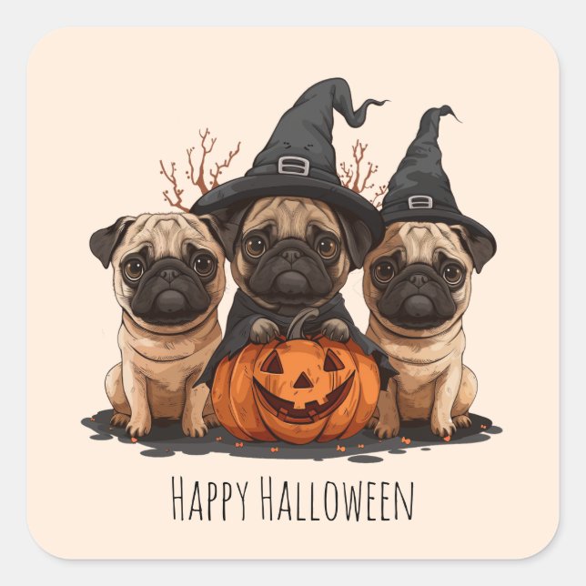 Pegatina Cuadrada Feliz Halloween Pugs Jack O Lanterns (Anverso)