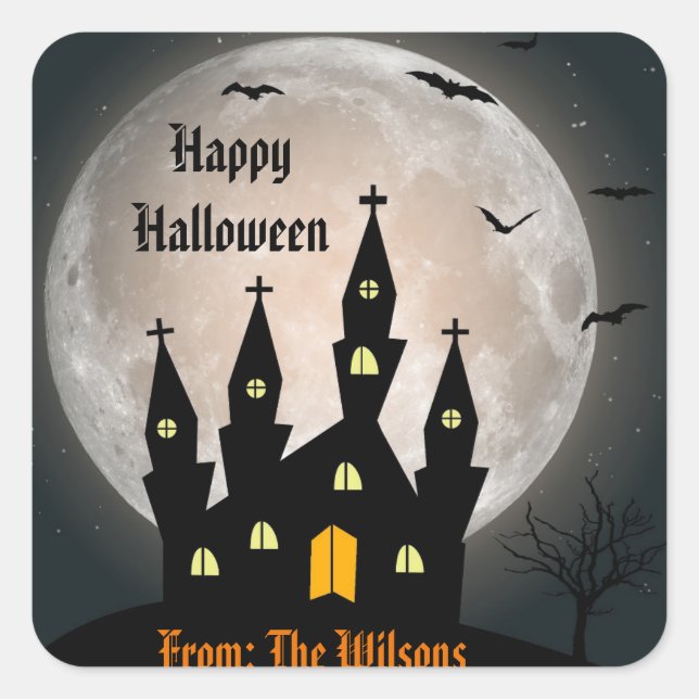 Pegatina Cuadrada Feliz Halloween Spooky Haunty House Moon Bats (Anverso)