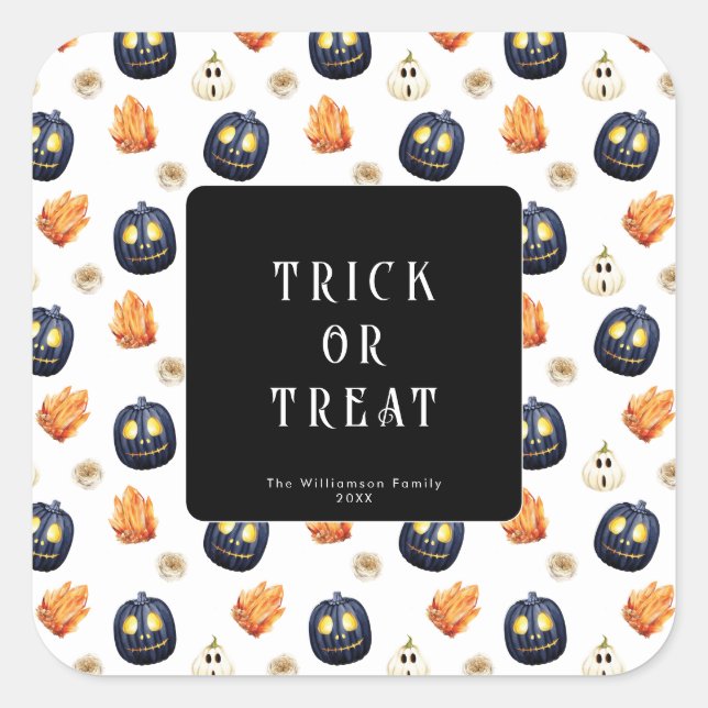 Pegatina Cuadrada Feliz Halloween Spooky Samhain Pumpkins Crystals (Anverso)