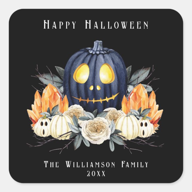 Pegatina Cuadrada Feliz Halloween Spooky Samhain Pumpkins Crystals (Anverso)
