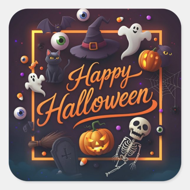 Pegatina Cuadrada Feliz Halloween todos los elementos (Anverso)