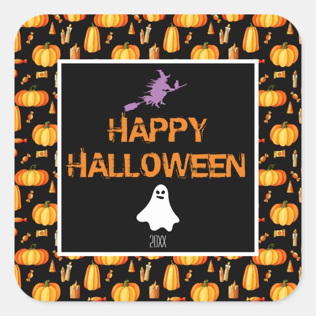 Pegatina Cuadrada Feliz Halloween W/Pumpkins Bruja y fantasma (Anverso)
