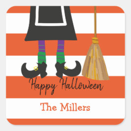 Pegatina Cuadrada Feliz Halloween Witch Stripes