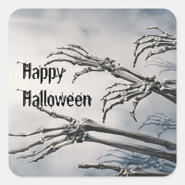 Pegatina Cuadrada Feliz Halloween Zombie Skeleton Scary Spooky (Anverso)