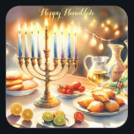 Pegatina Cuadrada Feliz Hanukkah<br><div class="desc">Ilustracion acuático Hanukkah. Una mesa muy bien arreglada para una celebración festiva,  con una menorah tradicional con velas encendidas. La luz es suave y cálida,  mientras que la decoración de las vacaciones aporta un toque de alegría. Las luces cálidas crean un ambiente acogedor y acogedor.</div>