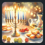 Pegatina Cuadrada Feliz Hanukkah<br><div class="desc">Ilustracion acuático Hanukkah. Una mesa muy bien arreglada para una celebración festiva,  con una menorah tradicional con velas encendidas. La luz es suave y cálida,  mientras que la decoración de las vacaciones aporta un toque de alegría. Las luces cálidas crean un ambiente acogedor y acogedor.</div>