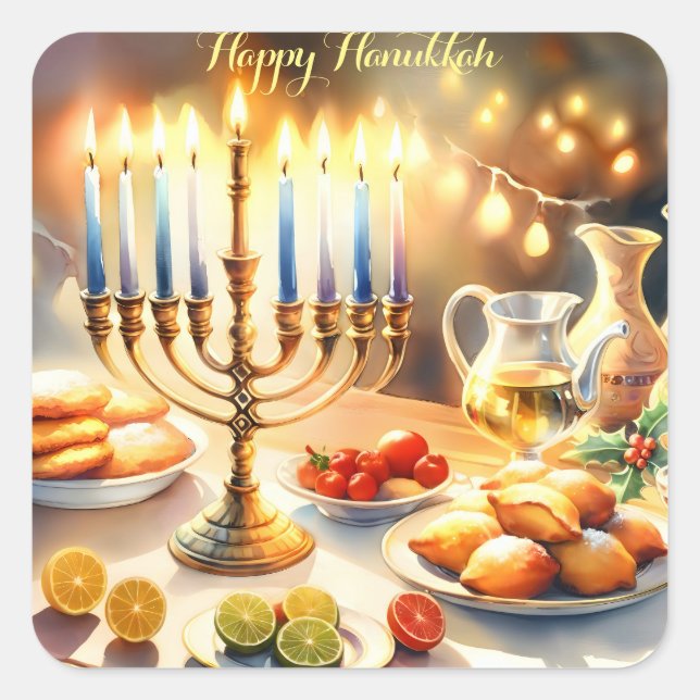 Pegatina Cuadrada Feliz Hanukkah (Anverso)