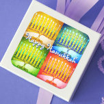 Pegatina Cuadrada Feliz Hanukkah amarillo azul verde rojo 4 menorahs<br><div class="desc">"Feliz Hanukkah". Una foto de primer plano de 4 fotos de artsy menorah de colores brillantes te ayuda a inaugurar las vacaciones de Hanukkah. Sienta el calor y la alegría de la temporada de vacaciones cada vez que usas este impresionante y colorido pegatina Hanukkah. En mi colección de la tienda...</div>