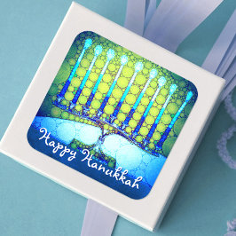 Pegatina Cuadrada Feliz Hanukkah Artsy Turquoise Blue Green Menorah