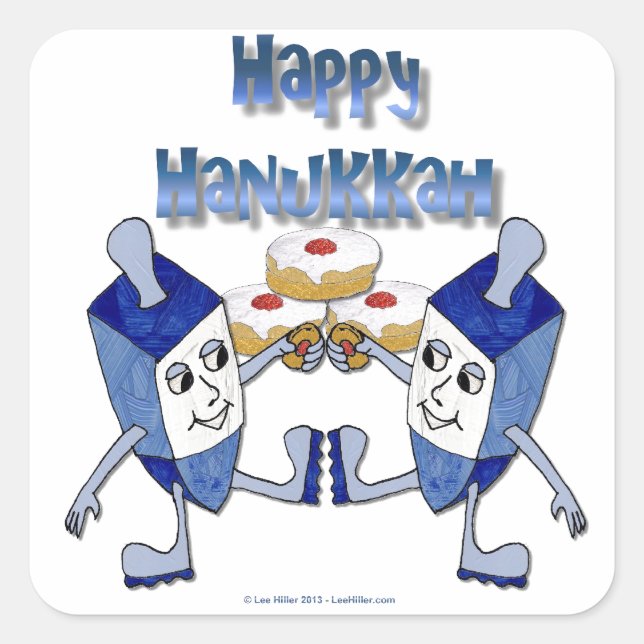 Pegatina Cuadrada Feliz Hanukkah Dancing Dreidels Jelly Doughnut (Anverso)