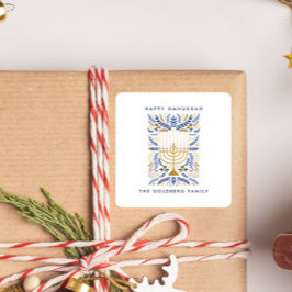 Pegatina Cuadrada Feliz Hanukkah Festive Watercolor Menorah FOLIAGE